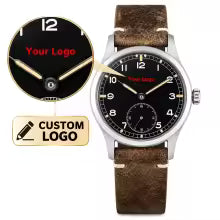 Custom Logo Watch for Men, Custom Watch Dial, Military Quartz, Arabic Dial, BGW9 & C3 Lume, Domed Crystal, VD78, Leather Strap